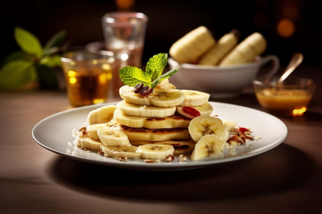 A plate with pancakes and bananas on it.