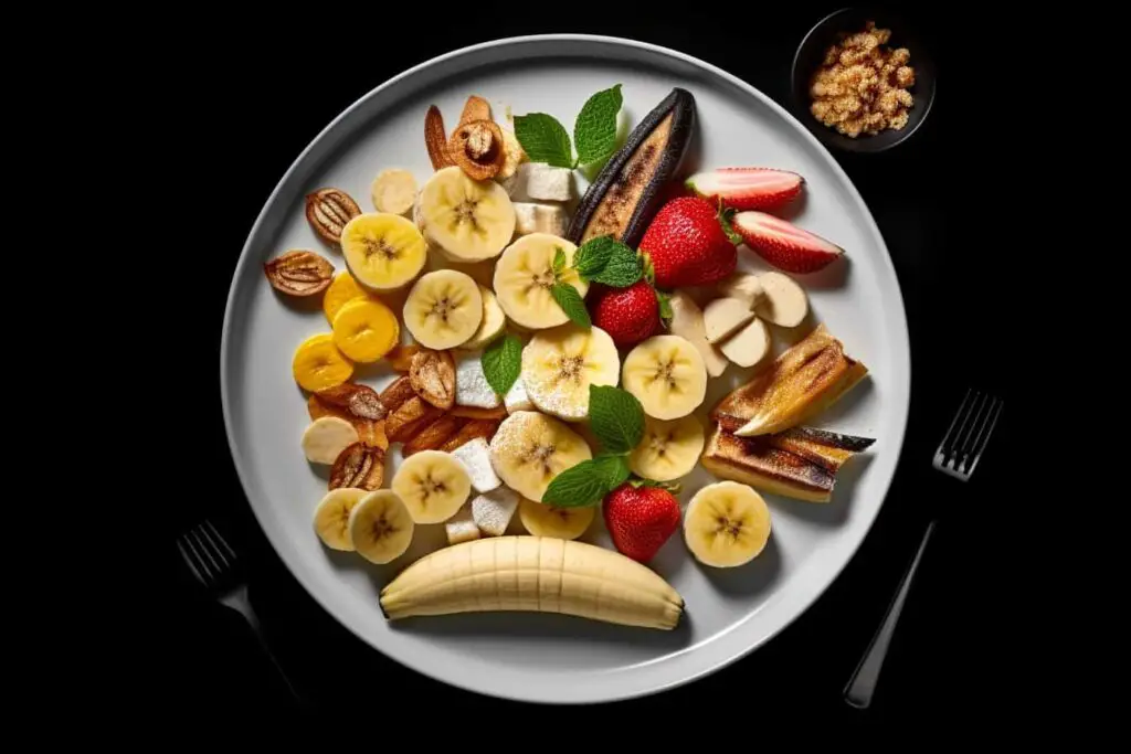 A plate of bananas, fruit and nuts on a black background.