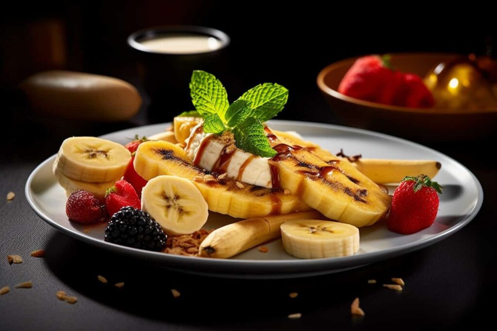 A plate with bananas, strawberries and berries on it.