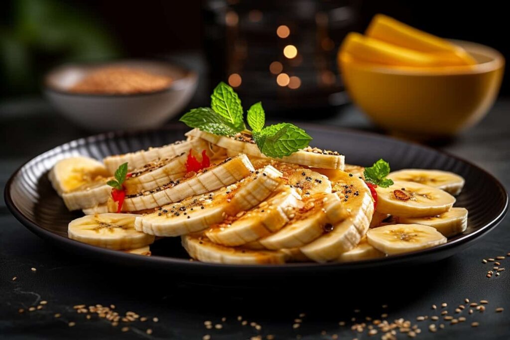 Sliced bananas on a black plate.