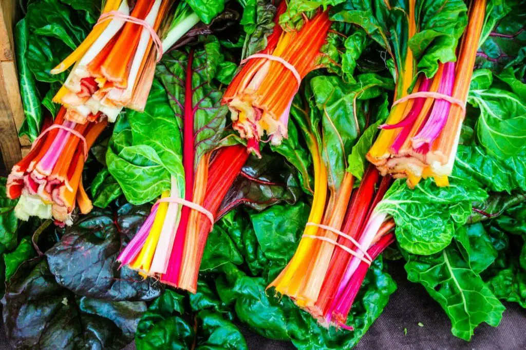 Colorful swiss chard at a farmer's market, perfect for those with IBS and looking for vegetables.