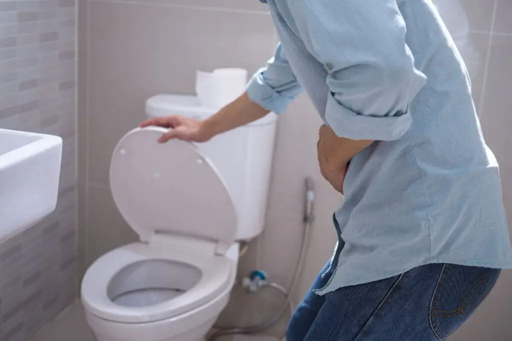 A person holding a toilet lid while searching for ibs medication.