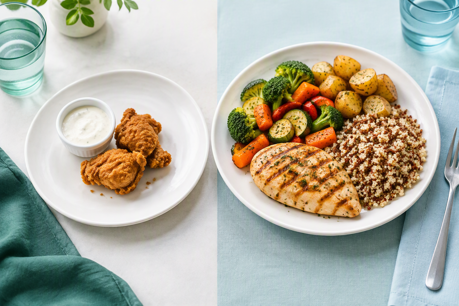 Smaller fried food portion beside a balanced meal for better gut comfort
