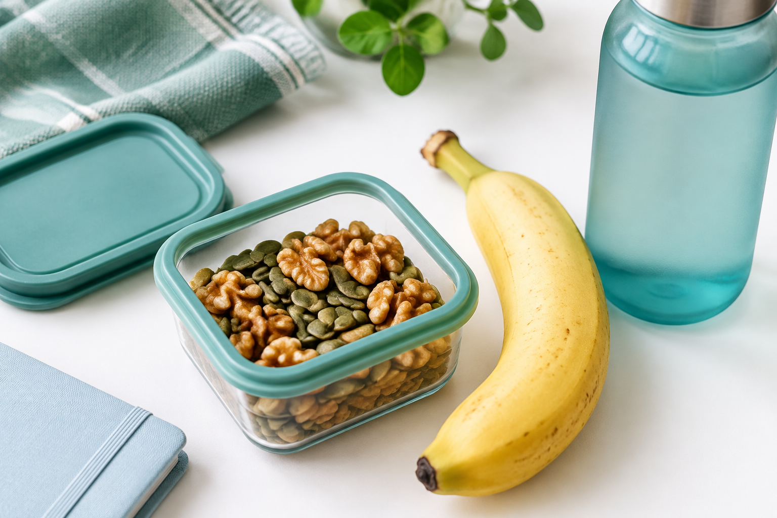Pumpkin seeds, walnuts, and banana for portable fiber and protein