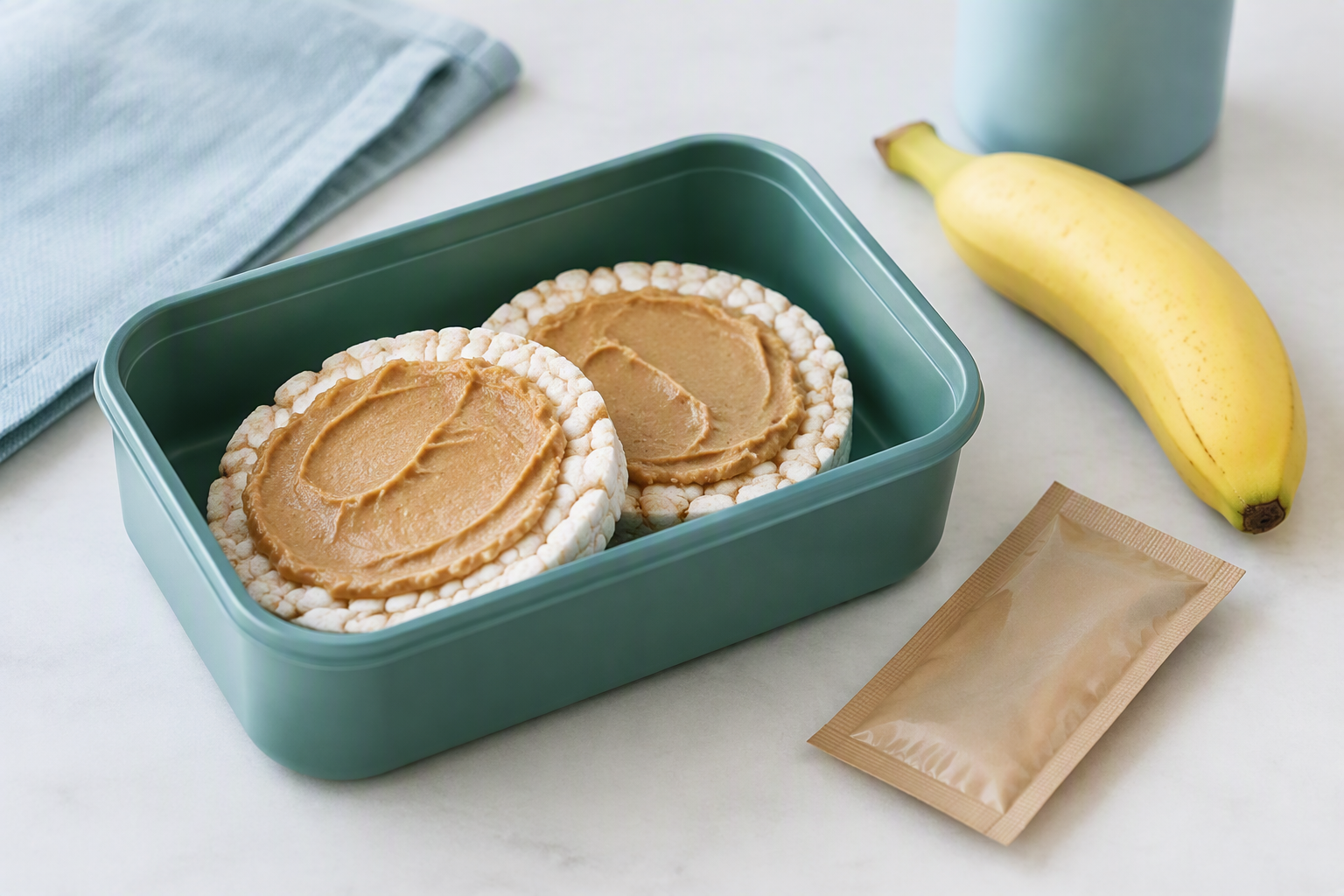 Rice cakes with nut butter, a portable low-FODMAP IBS snack
