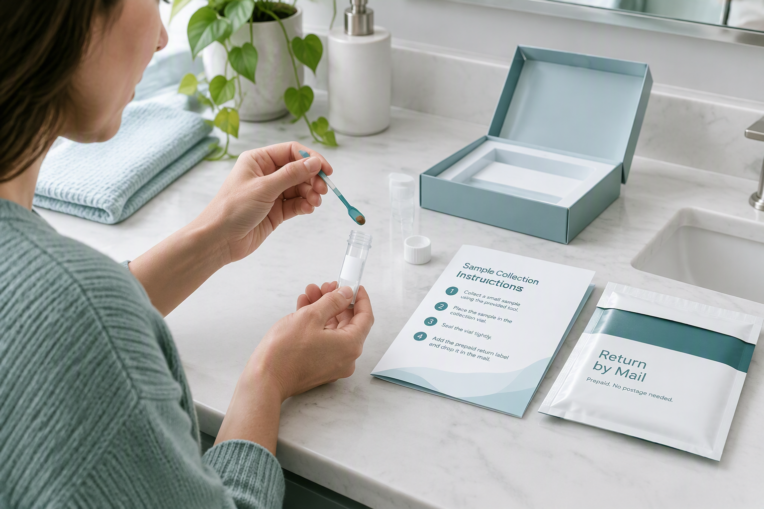 At-home gut microbiome testing kit with stool sample vial and collection supplies