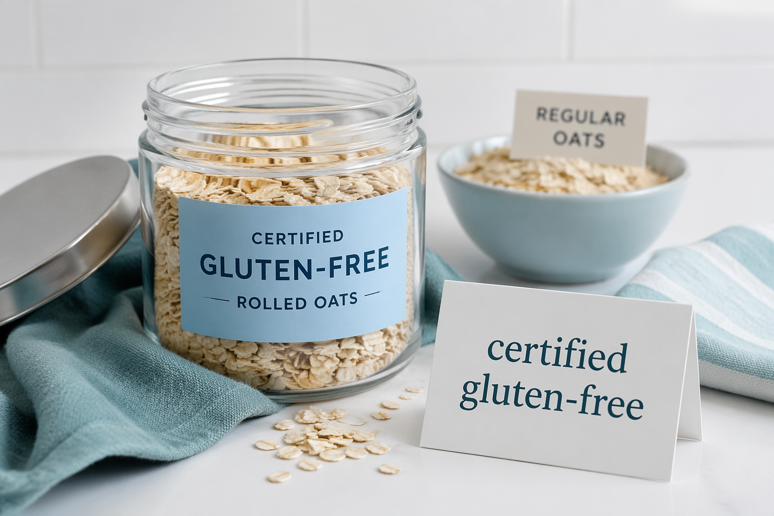 Jar of certified gluten-free oats next to regular oats showing cross-contact risk