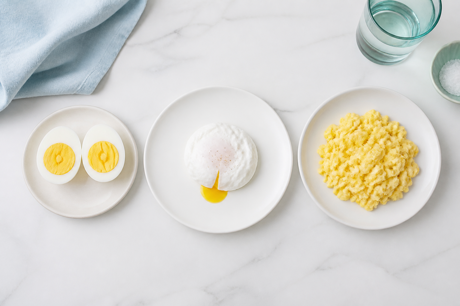 Three plain egg preparations (boiled, poached, scrambled) demonstrating IBS-friendly options