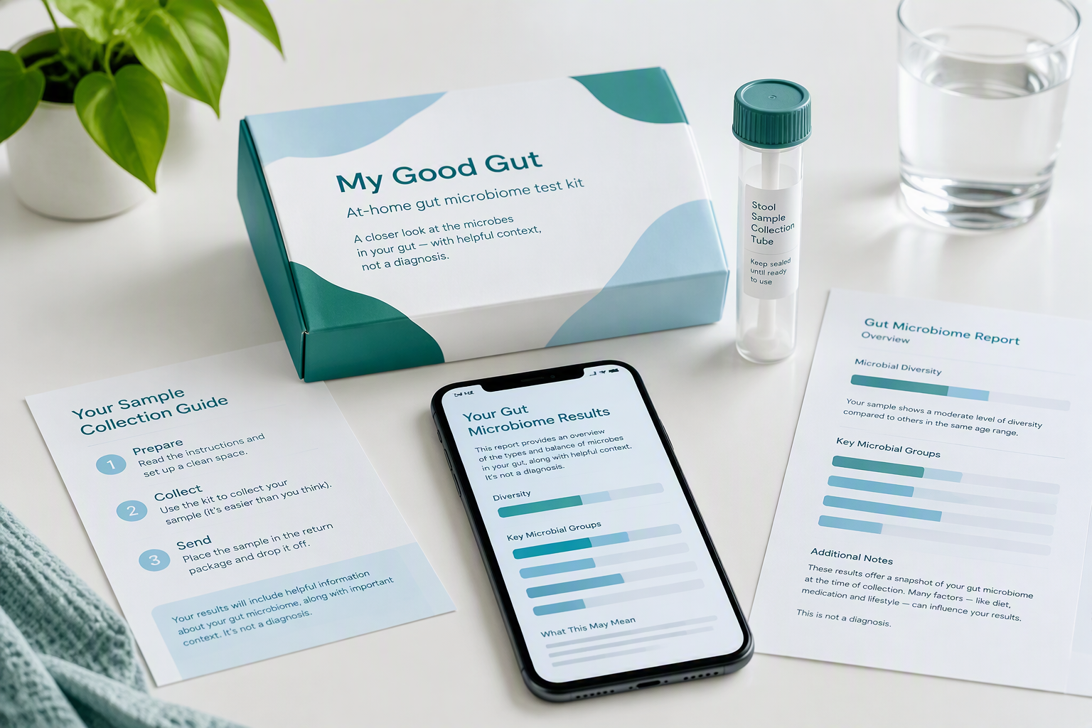 At-home gut microbiome kit beside a report showing limited testing context