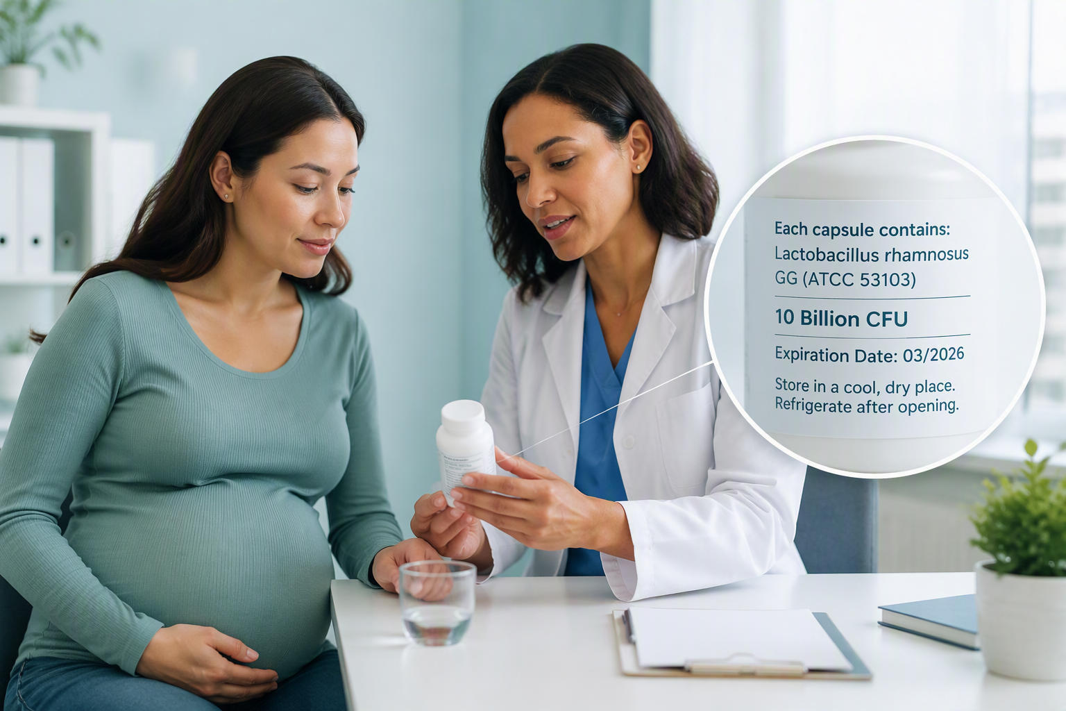 Pregnant patient reviewing probiotic strain and CFU label with prenatal clinician