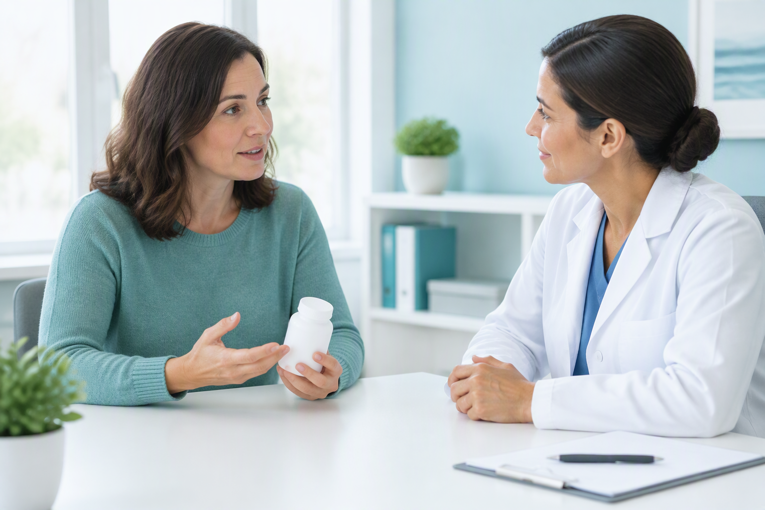Adult discussing probiotic safety and digestive symptoms with a healthcare professional