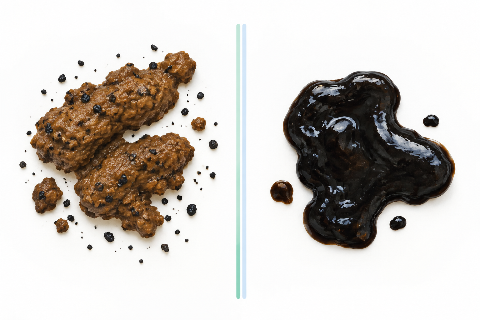 Black specks in stool versus uniformly black tarry stool and possible melena