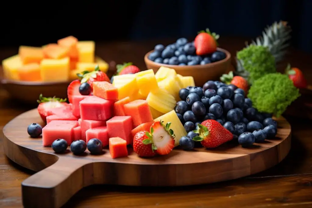 A low FODMAP platter of fruit on a wooden cutting board.