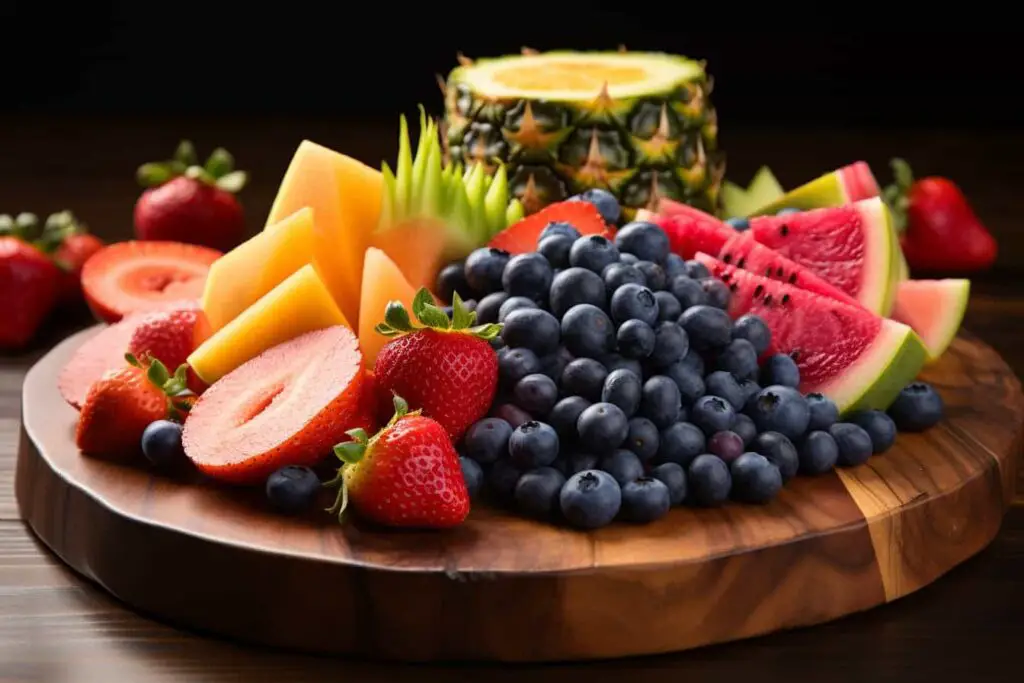 A low FODMAP plate of fruit on a wooden cutting board.