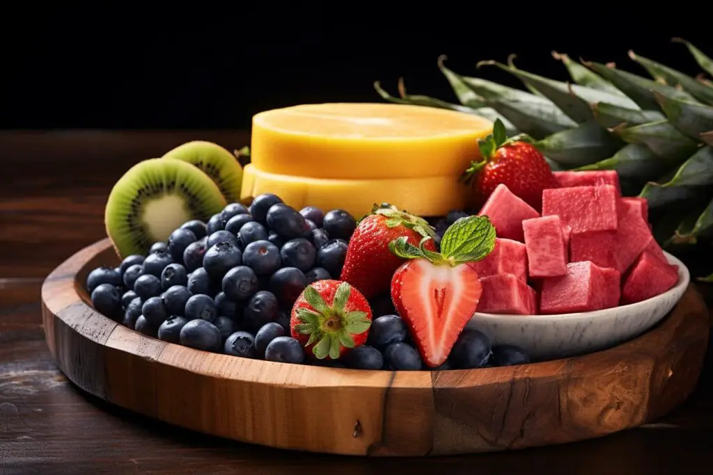 A Low FODMAP plate featuring fruits and cheese on a wooden table.
