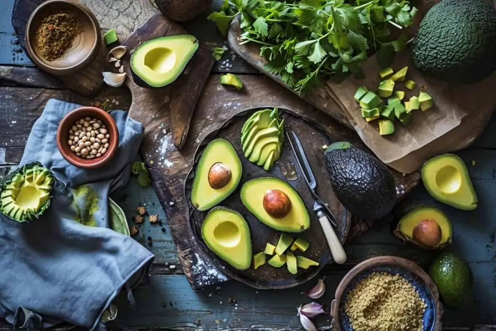 Avocados and herbs on a wooden table.