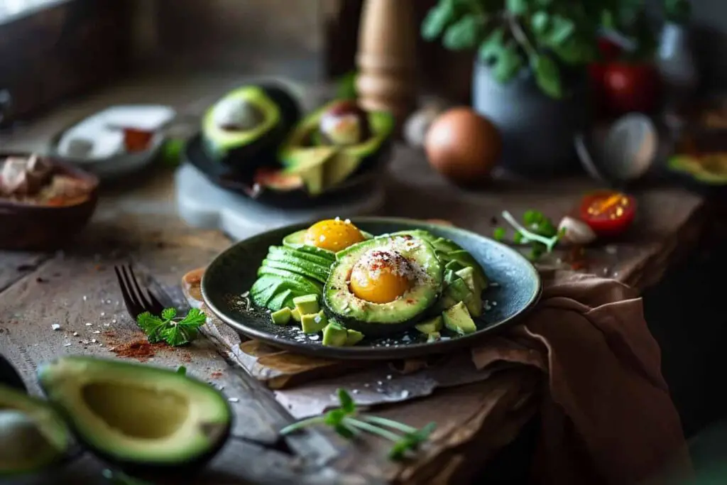 Auto avocado with eggs on a plate.