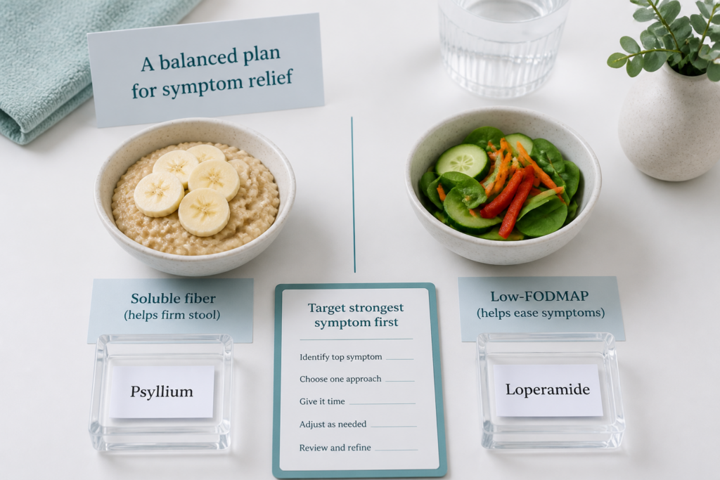 Two bowls: one with oatmeal labeled "Soluble fiber (helps firm stool)" and "Psyllium," the other with salad labeled "Low-FODMAP (helps ease ibs m symptoms)" and "Loperamide." A center card lists steps for symptom relief.
