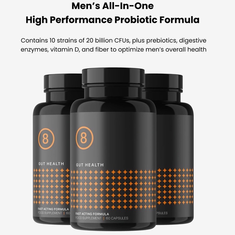 Three black bottles labeled “Gut Health” with orange geometric designs are shown. Text above highlights a men’s all-in-one probiotic formula with 10 strains, prebiotics, enzymes, vitamin D, and fiber for overall health—perfect for those seeking comprehensive digestive support or considering a Biotics 8 review.