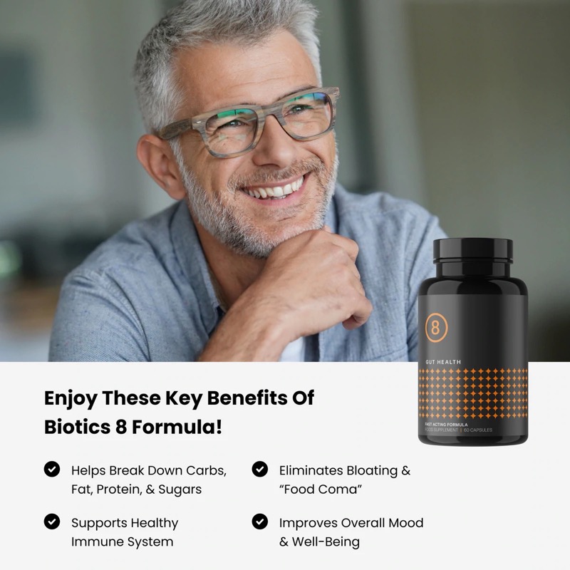 Smiling man with gray hair and glasses sits at a table. Next to him is a bottle labeled “Biotics 8.” Text lists benefits of the supplement, including digestion, bloating reduction, immune support, and mood improvement—making it clear why so many people are interested in reading a Biotics 8 review.