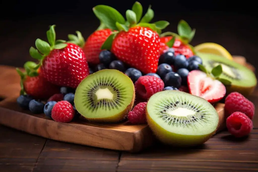 Low FODMAP kiwi, strawberries, raspberries, and lemons displayed on a wooden cutting board.