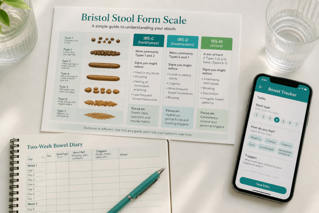 A Bristol Stool Form Scale chart, a two-week bowel diary, a teal pen, and a smartphone displaying a bowel tracker app are arranged on a table. These tools aid in tracking digestive health and understanding IBS subtypes based on Rome IV criteria.