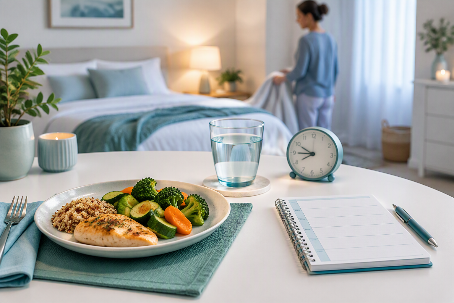 Seven-day log and calm evening gut routine for sleep and digestion
