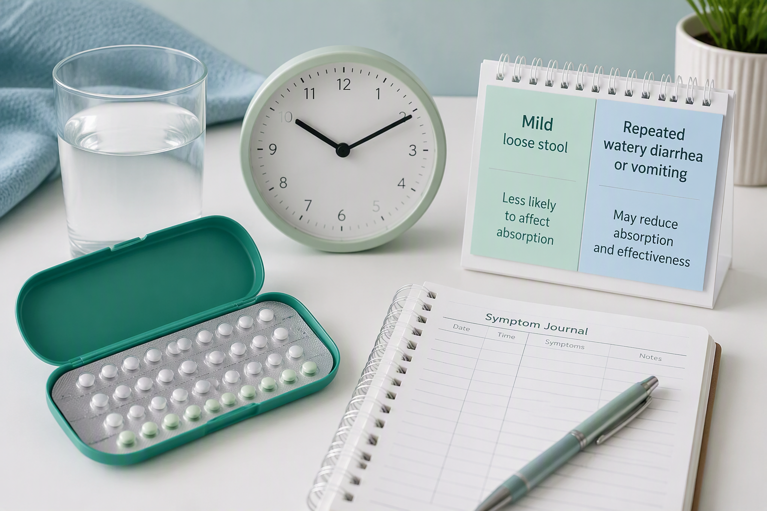Oral contraceptive pill timing with vomiting, severe diarrhea, and absorption concerns