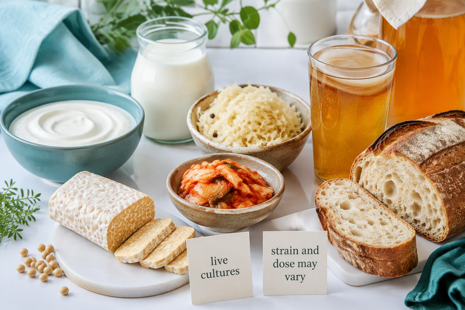 Fermented foods with Lactobacillus, including yogurt, kefir, kimchi, and sauerkraut