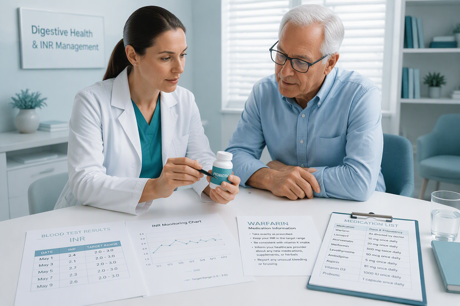 Clinician reviewing probiotics, warfarin, and INR monitoring precautions