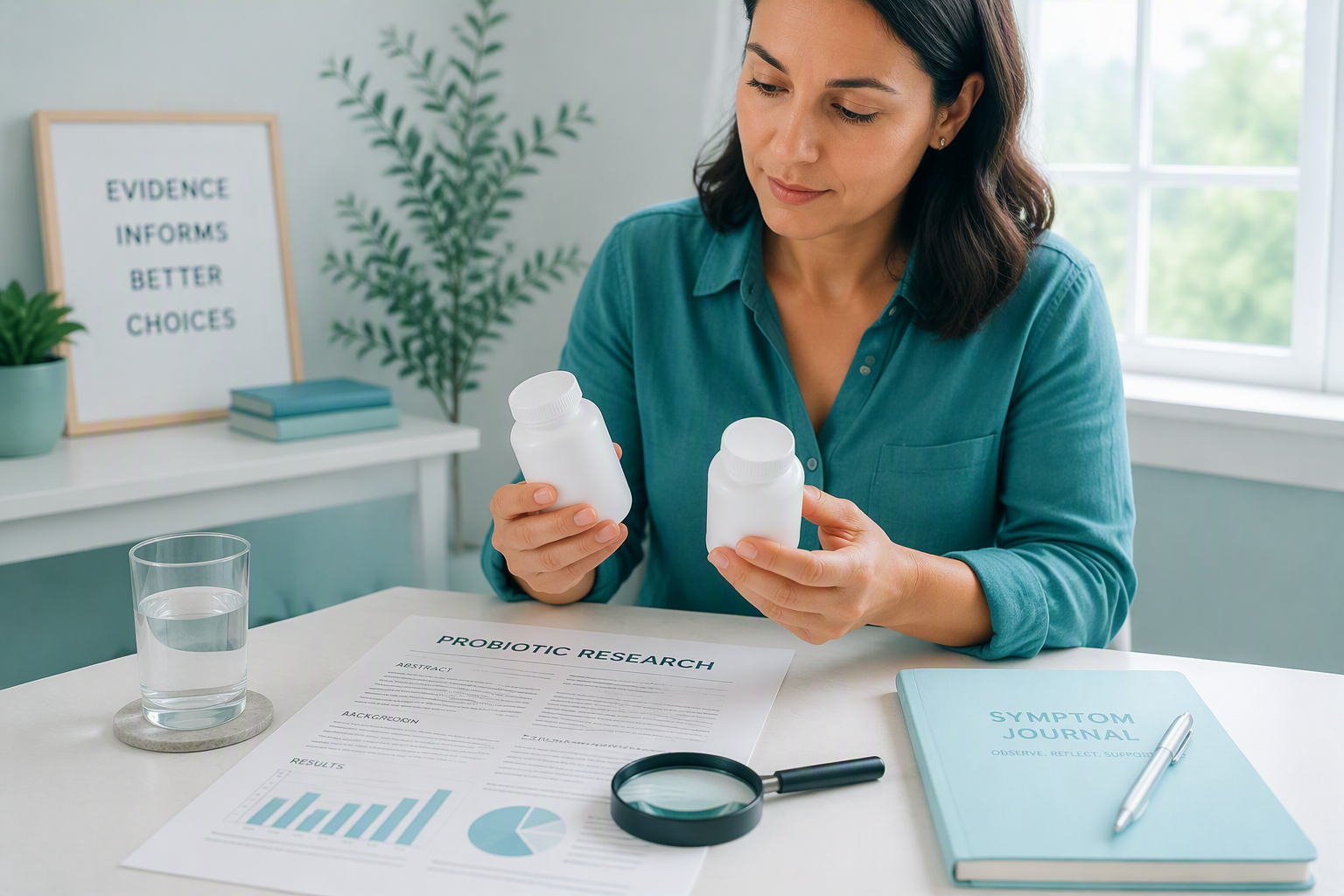 Adult comparing probiotic supplements while researching probiotics for IBS bloating