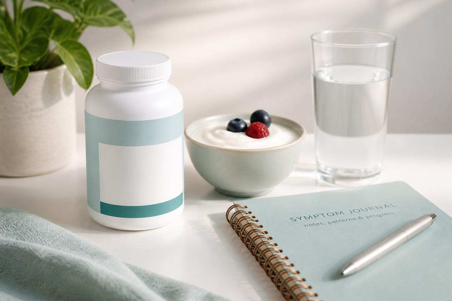Probiotic supplement beside a symptom journal for evaluating probiotics for SIBO
