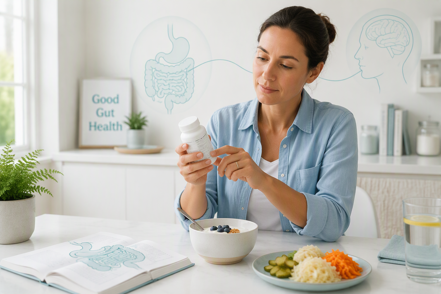 Adult reviewing probiotics, fermented foods, and gut-brain health evidence