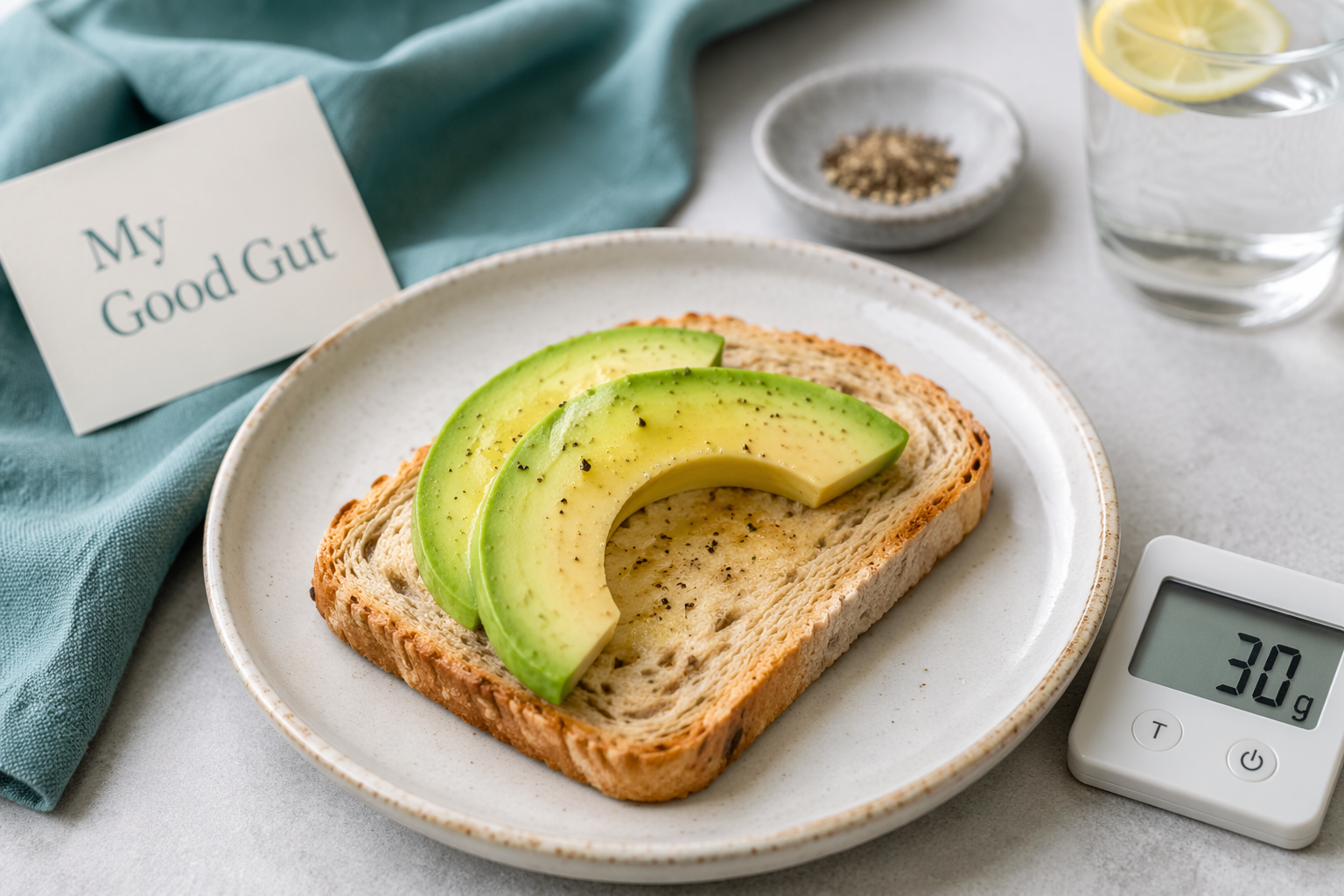 Small avocado portion on toast with 30 g marker illustrating IBS-friendly serving