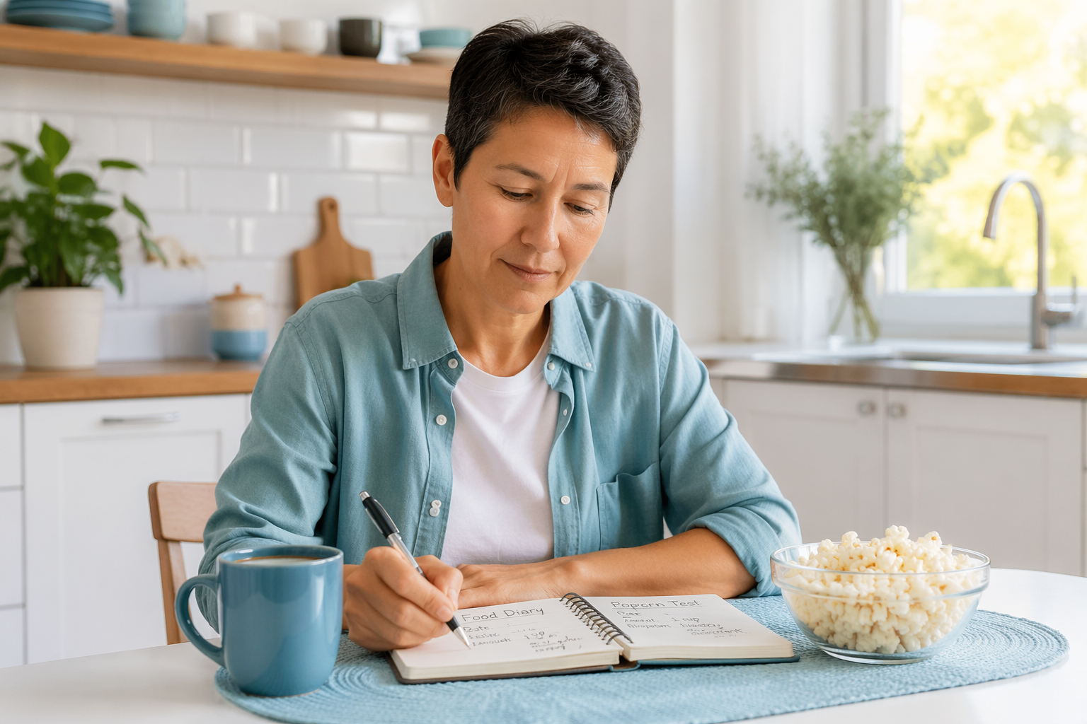 Person at table testing popcorn with IBS while recording notes in a food diary