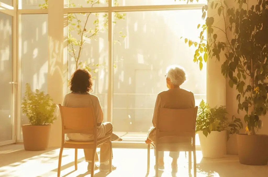Two elderly women sitting in chairs by a window.