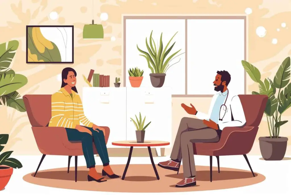 A man and woman engaging in behavioral therapy with a doctor in a room.