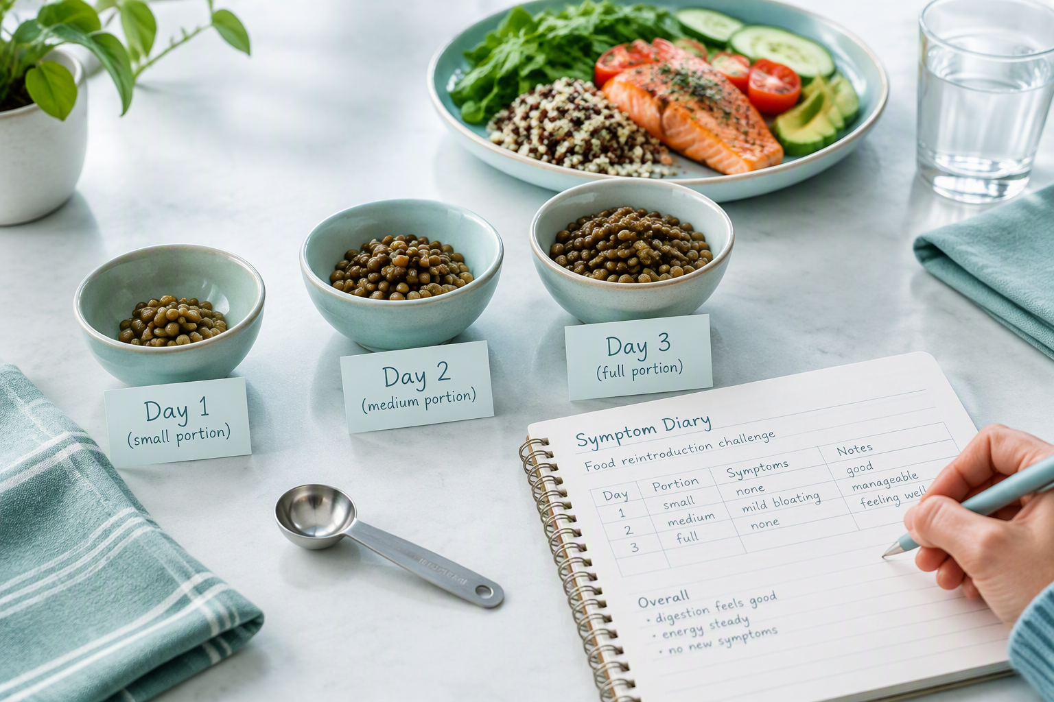 Gradual food reintroduction portions for finding digestive tolerance