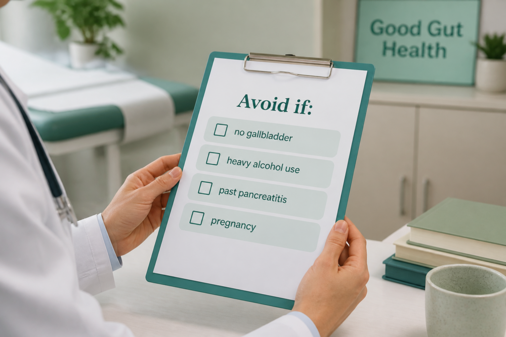 A person in a white coat holds a clipboard with a checklist titled "Avoid if:" followed by "no gallbladder, heavy alcohol use, past pancreatitis, pregnancy." A sign reads "Good Gut Health" and mentions IBS antidiarrheal drugs for diarrhea relief.