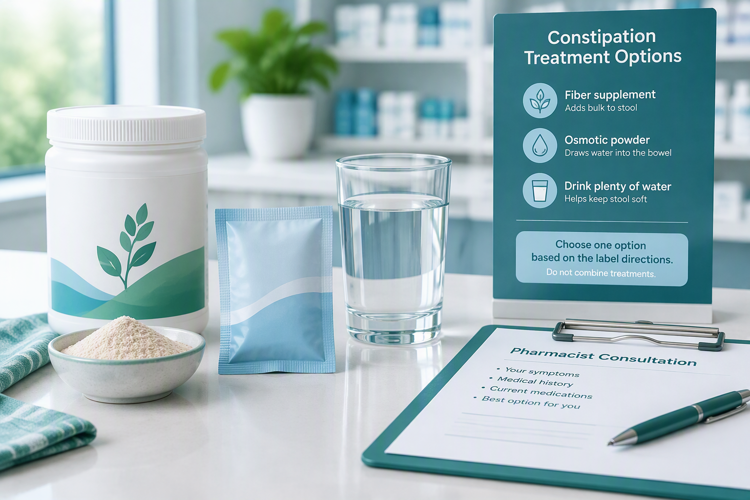 Constipation treatment options including fiber, osmotic laxatives, and fluids
