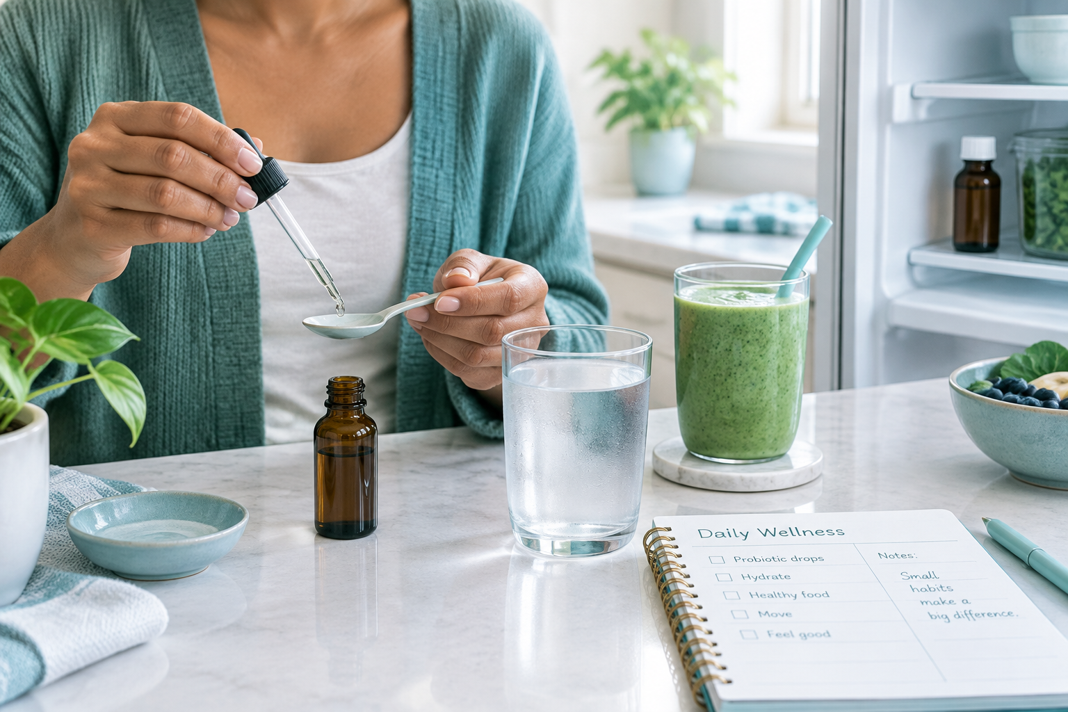 Measuring liquid probiotic drops for a consistent digestive-health routine