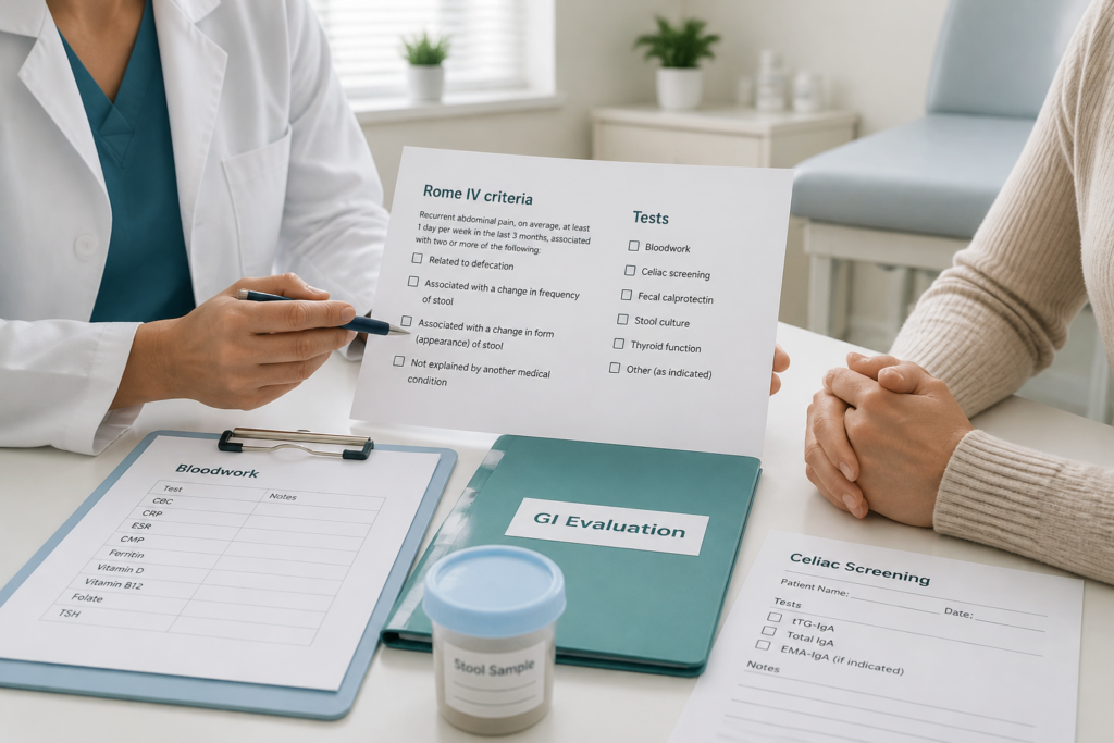 A doctor explains diagnostic criteria on a checklist to a patient, noting forms labeled “Bloodwork,” “GI Evaluation,” and “Celiac Screening.” IBS M symptoms and what is IBS M are also discussed as they review the stool sample container.
