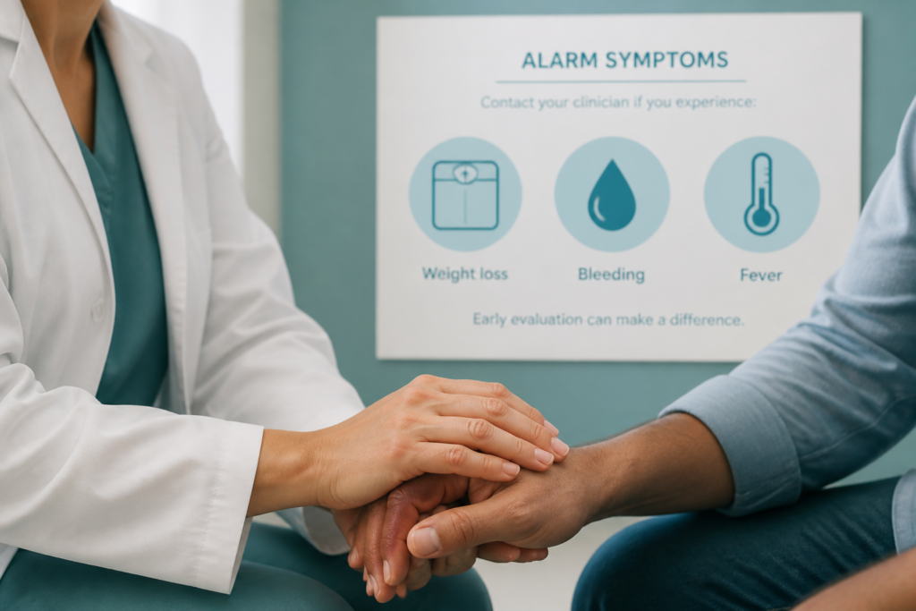 A doctor in a white coat gently holds a patient’s hand. Behind them, a poster titled “Alarm Symptoms” outlines signs like weight loss and bleeding, advising contact with a clinician for an accurate IBS diagnosis.