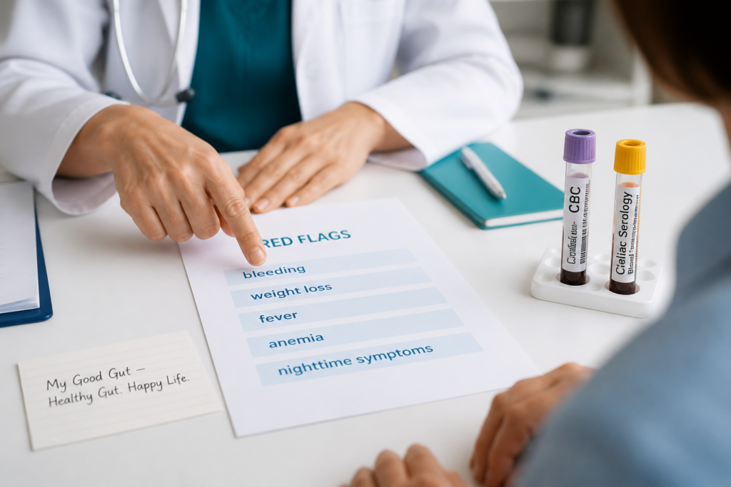 A doctor points to a printed list titled "RED FLAGS" with symptoms like bleeding, weight loss, fever, anemia, and nighttime symptoms—key factors to consider alongside IBS Diagnosis Criteria and Rome IV guidelines. Two blood sample tubes and a notepad are on the desk.