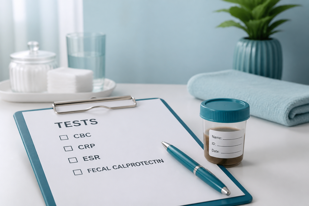 A clipboard with a list of medical tests, a pen, and a stool sample container—often used when checking for IBS red flags or irritable bowel syndrome. In the background are water, cotton pads, a towel, and a potted plant on a light blue surface.