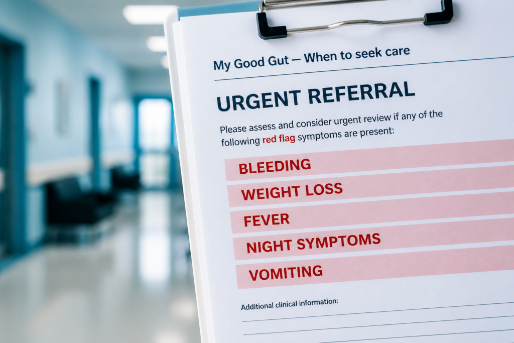 A clipboard holds a medical form titled "URGENT REFERRAL," listing symptoms in red: bleeding, weight loss, fever, night symptoms, vomiting, and IBS symptoms. The form is held in a hospital hallway.