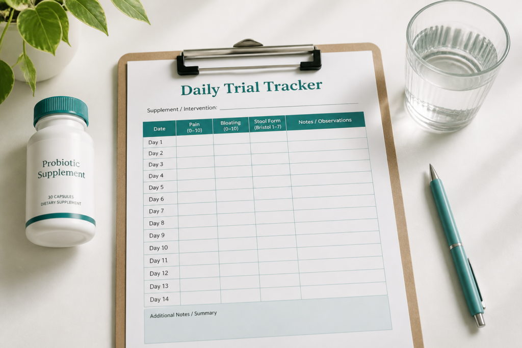 A clipboard with a "Daily Trial Tracker" sheet, a probiotic supplement bottle for IBS supplements, a turquoise pen, and a glass of water on a white table. The tracker features columns to record pain, bloating, stool form, and notes over 14 days.