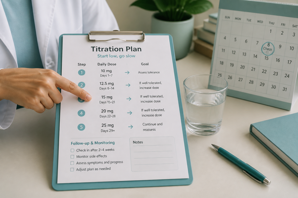 A person in a white coat points to the "2 mg" step on an SSRIs titration plan clipboard. A glass of water, plant, and calendar sit on the desk. The plan details medication doses, goals, and follow-up steps.