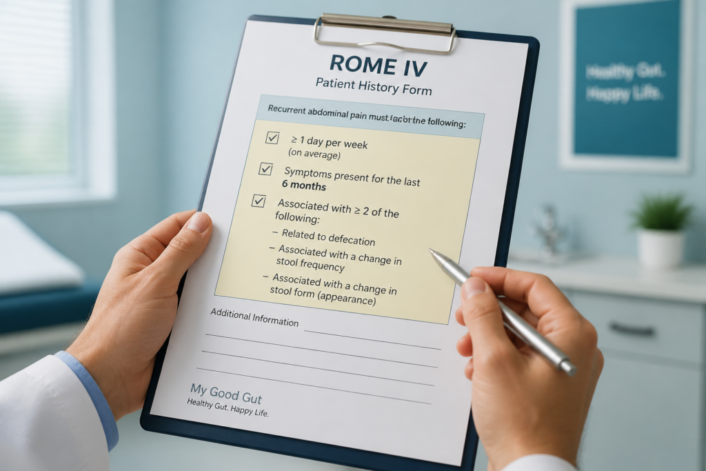 A person holds a clipboard with a "ROME IV Patient History Form," detailing IBS diagnosis criteria—such as abdominal pain frequency, symptom duration, associations with defecation or stool changes, and identifying IBS subtypes.