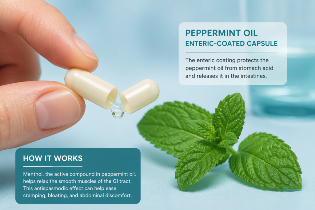 A hand opens a peppermint oil enteric-coated capsule, with oil drops falling out. Fresh peppermint leaves, a glass of water, and text boxes explain the capsule's IBS dosing and its antispasmodic benefits for digestion.